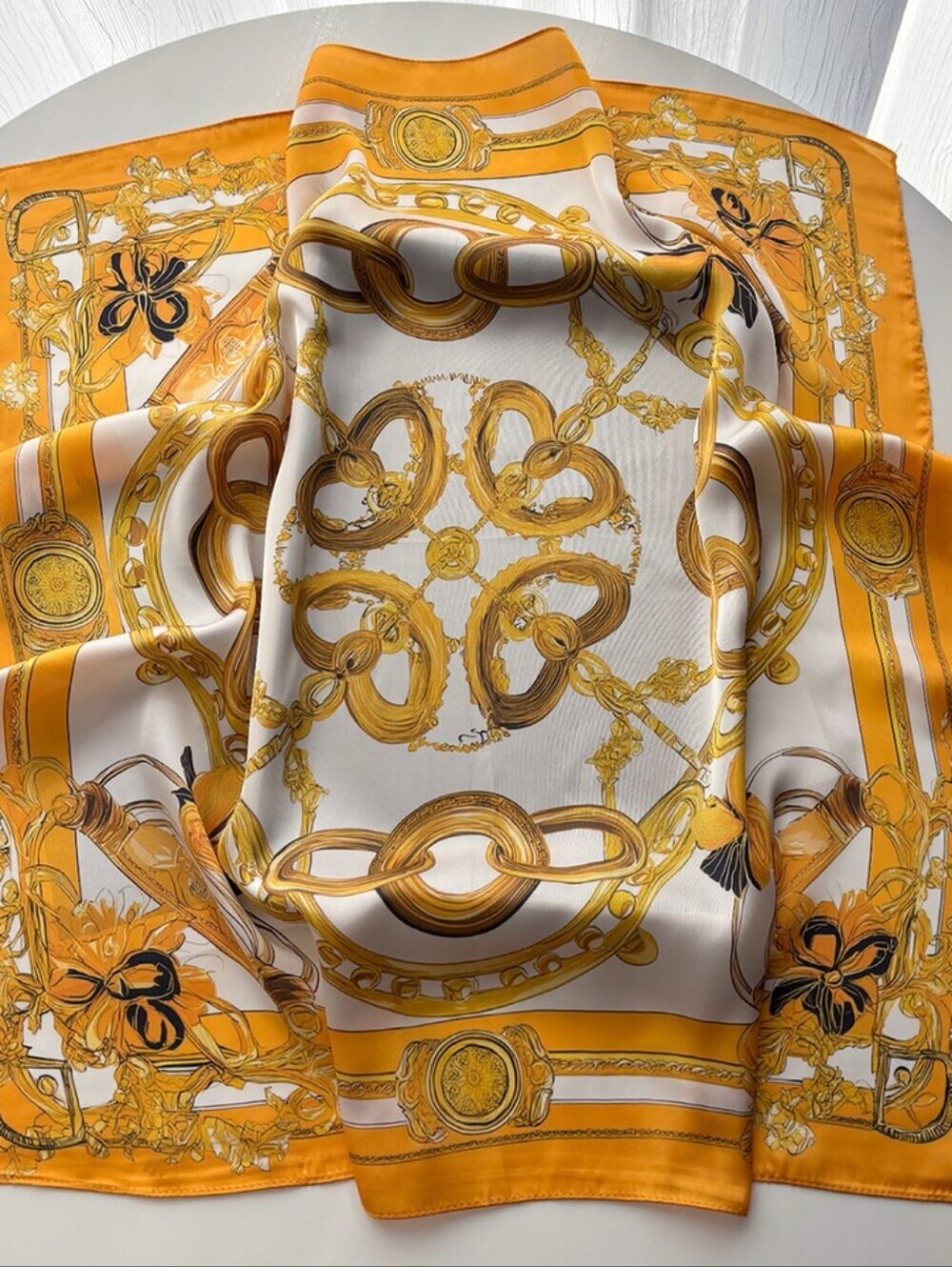 Silk-feel Yellow & White Printed Women's  Head Scarf , 70×70cm